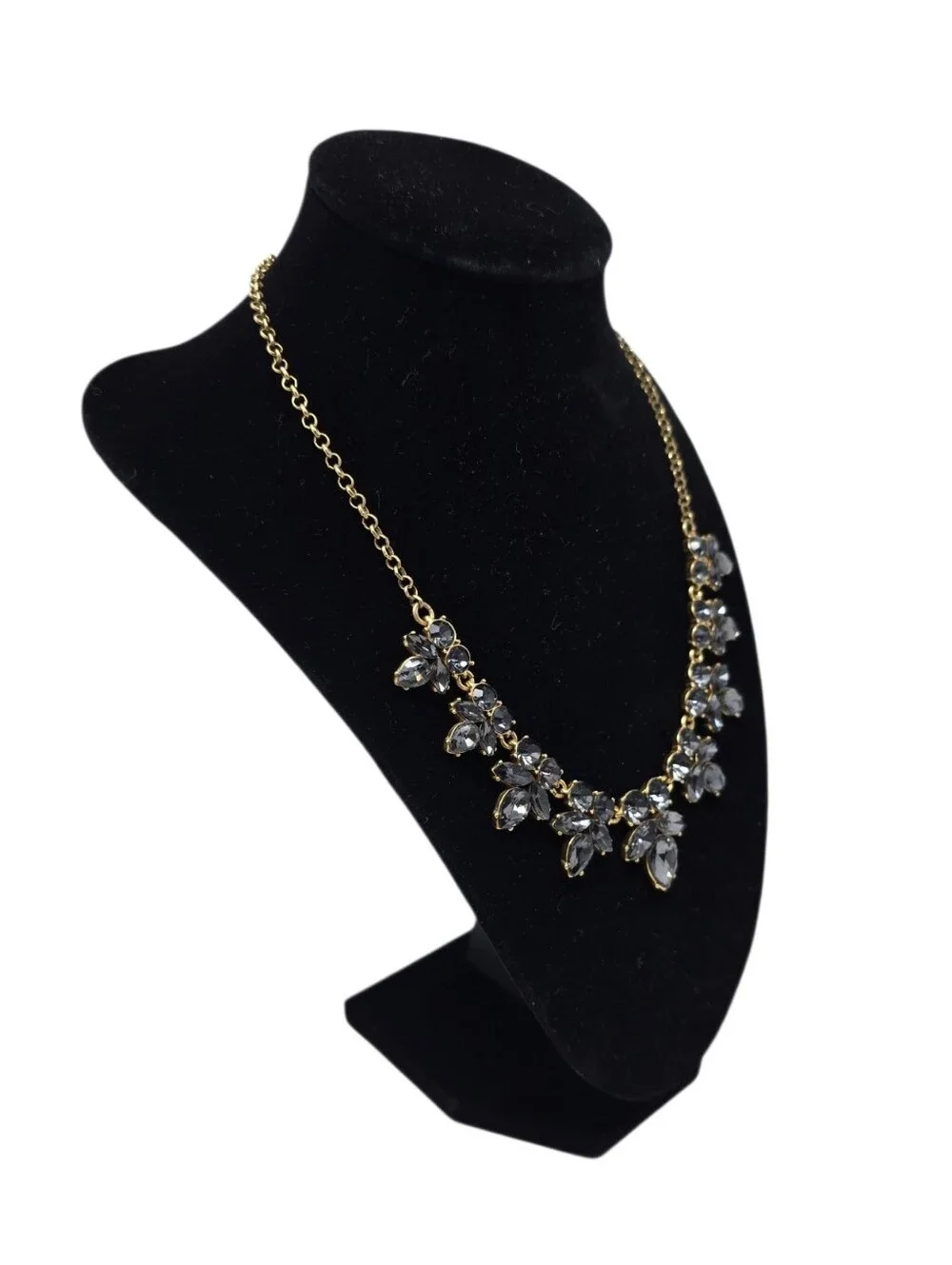 J Crew Smoky Gray Crystal Statement Bib Necklace Gold Tone Chain